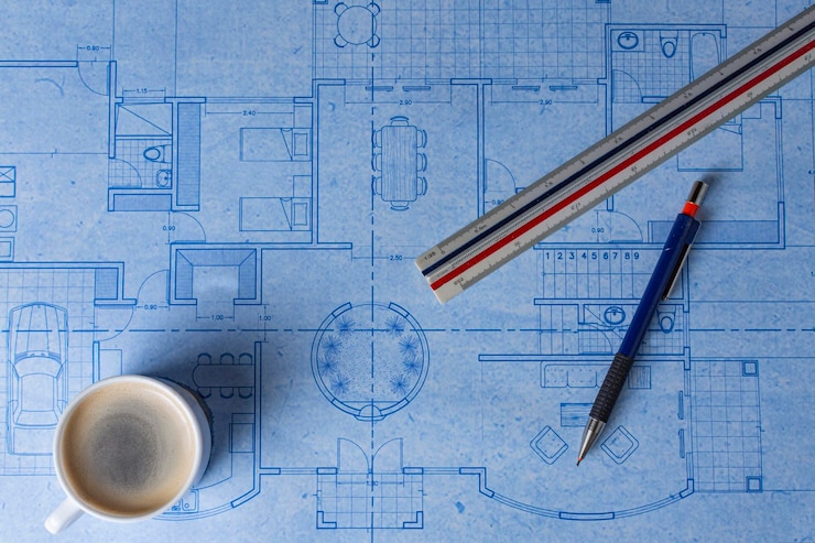 Photo immédiatement au-dessus de la photo de la règle et du stylo sur le plan
