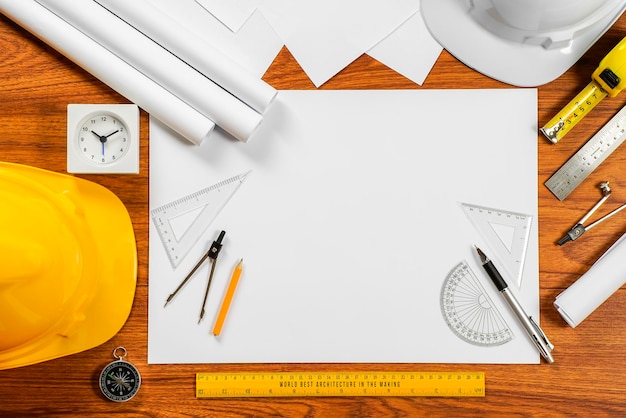 Photo immédiatement au-dessus de la prise de vue des instruments de mesure et du papier blanc sur la table