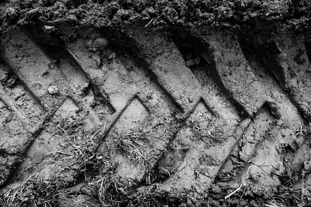 Photo immédiatement au-dessus des traces de pneus sur une route de terre