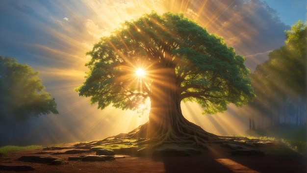 Immense arbre avec le soleil qui brille