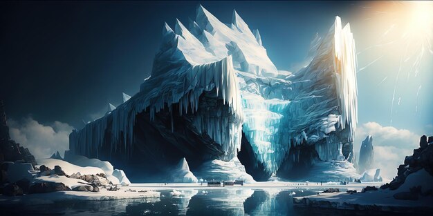Immense citadelle de glace en Antarctique scintillant au soleil journée super lumineuse AIGenerated