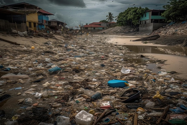 Immense dépotoir avec beaucoup de déchets plastiques et divers déchets usagés Generative AI