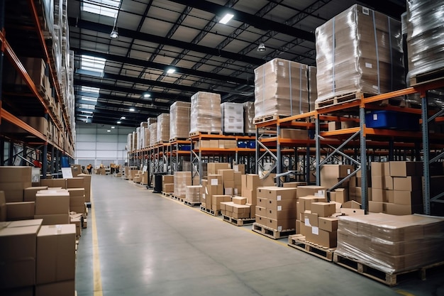 Un immense entrepôt rempli de cartons soigneusement empilés Intérieur d'un entrepôt moderne Grand espace pour le stockage et le déplacement de la logistique des marchandises Le commerce dans le monde moderne