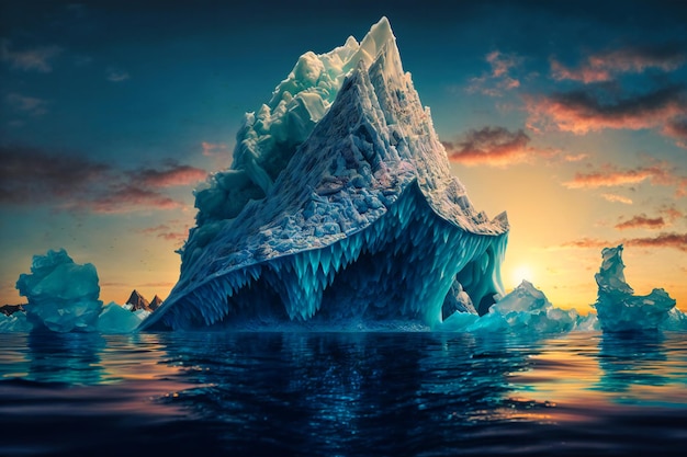 Un immense iceberg flottant gracieusement dans les eaux glacées étincelantes sous le soleil de minuit