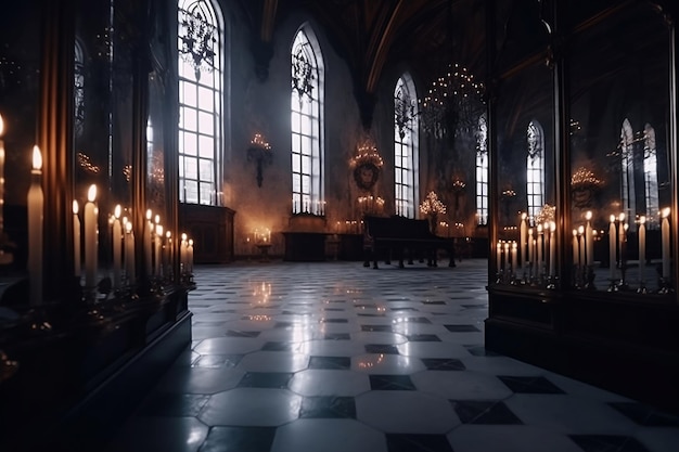 Immense salle gothique magique avec miroirs