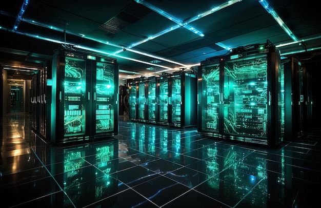 Immense salle de serveurs principale avec des centaines d'ordinateurs connectés les uns aux autres, centre de données
