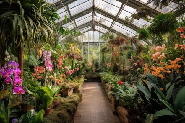 Photo immense serre remplie de plantes exotiques et d'orchidées