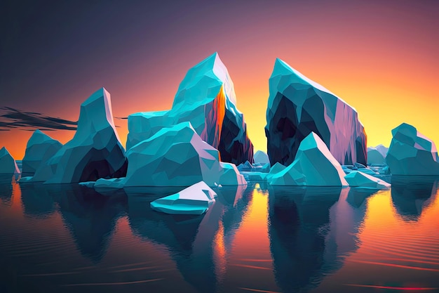 Immenses icebergs flottants le soir calme du coucher du soleil