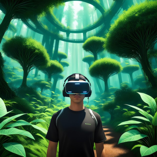 Photo immergé dans la verdure exploration vr futuriste pour un jeune homme