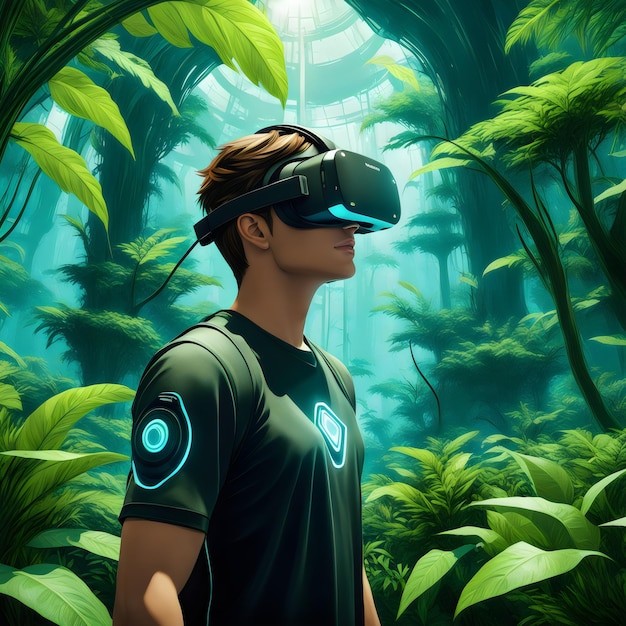 Immergé dans la verdure Exploration VR futuriste pour un jeune homme