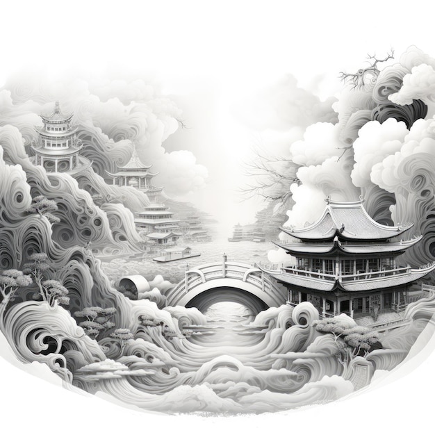 Immersion dans la fusion culturelle Une symphonie de style chinois Sketch Doodle en noir et blanc et