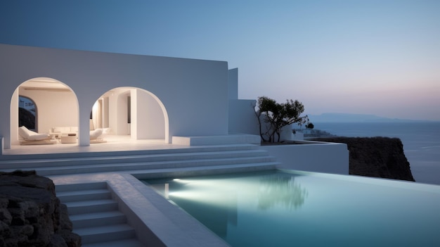 Un immeuble d'appartements blanc et rêveur avec piscine à Santorini