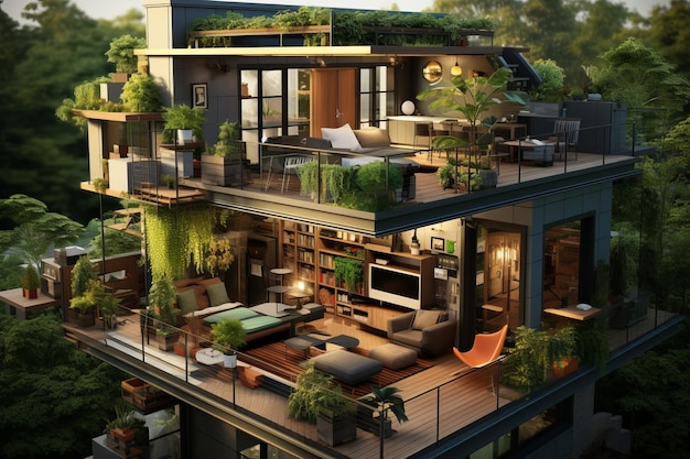 Un immeuble d'appartements vert moderne avec une terrasse sur le toit et une végétation luxuriante