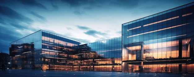 Un immeuble de bureaux moderne éclairé au crépuscule