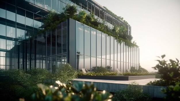 Immeuble de bureaux moderne avec une façade en verre et de la verdure sur le toit Technologie d'IA générative