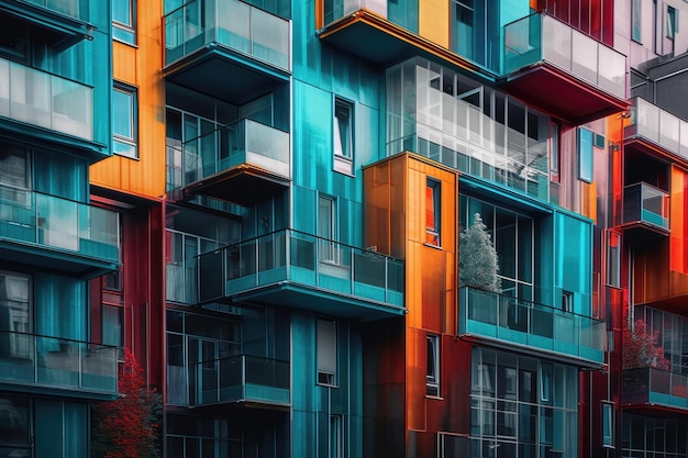 Immeuble vibrant et coloré avec balcons et fenêtres Generative AI
