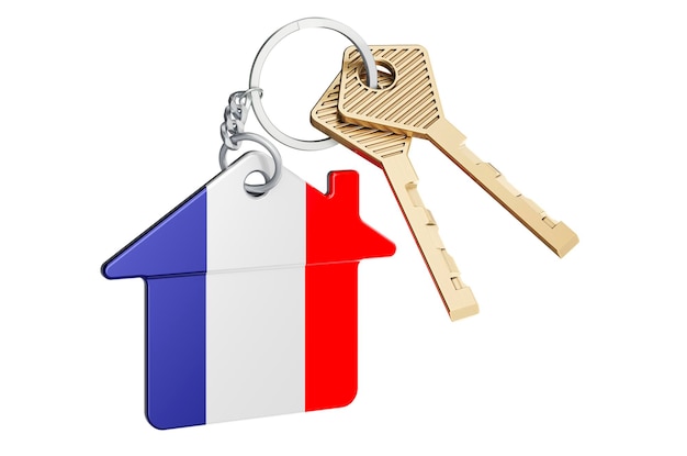 Immobilier en France Trousseau d'accueil avec drapeau français Location de propriété ou concept d'hypothèque rendu 3D