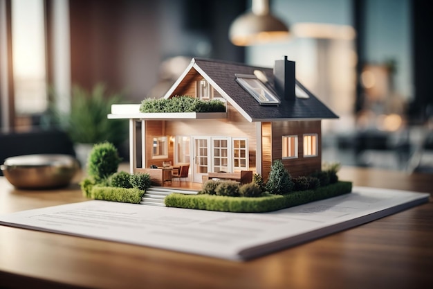 Immobilier holographique Un modèle 3D futuriste d'une petite maison sur une table signant des contrats d'hypothèque