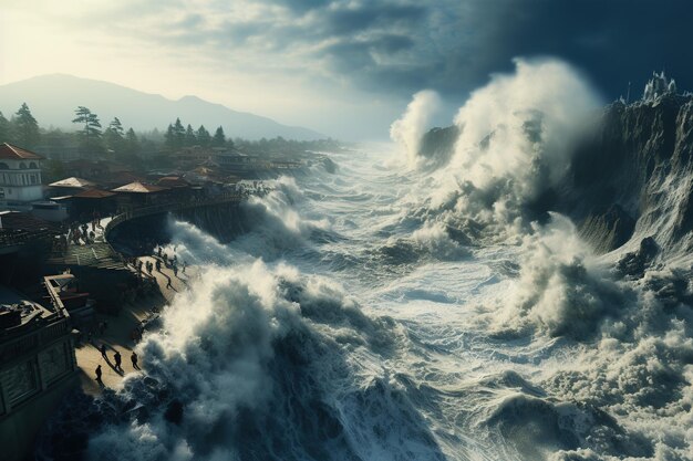 Photo impact du tsunami des vagues massives s'écrasent sur un littoral causant une destruction généraliséegénéré avec l'ia