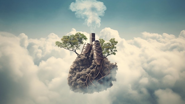 Impact de la pollution de l'air Fumée de cheminée et illustration de concept de poumons humains AI générative