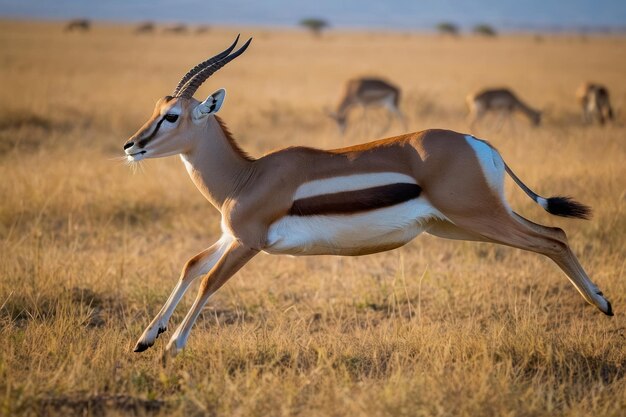 L'impala gracieuse à mi-chemin sur la savane