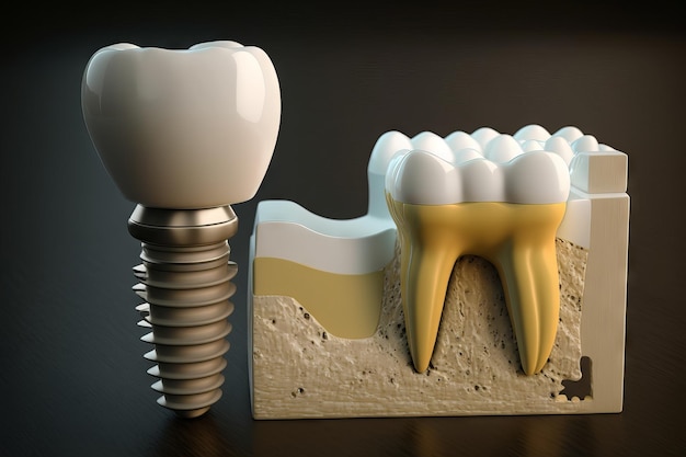 Photo implant dentaire et caries sur fond sombre ai générative