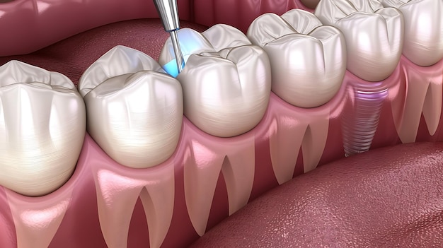 Photo un implant dentaire est un composant chirurgical qui interfère avec l'os de la mâchoire ou du crâne pour soutenir une prothèse dentaire telle qu'un pont de couronne.