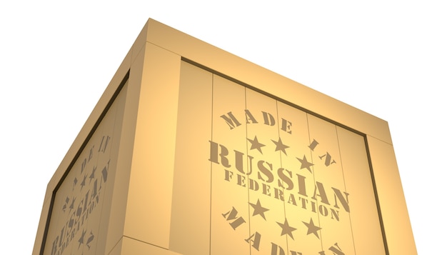 Import - Export Caisse en bois. Fabriqué en Fédération de Russie. Illustration 3D