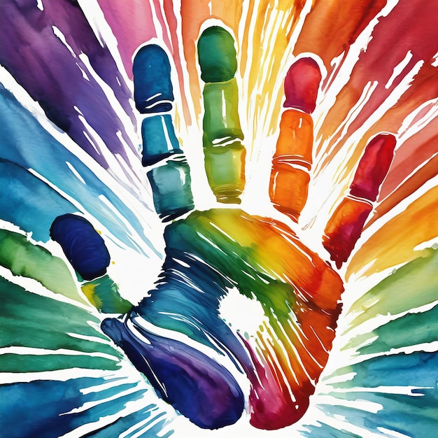 Impression à l'aquarelle de la main humaine peinte dans les couleurs de l'arc-en-ciel Journée mondiale de la sensibilisation à l'autisme Journée des enfants
