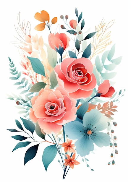 impression d’art aquarelle roses et plantes