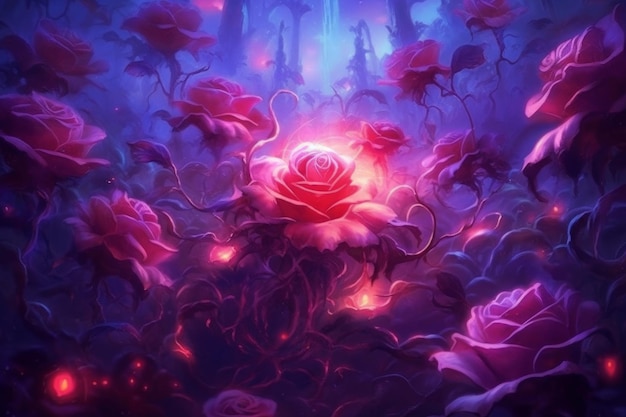 Une impression d'art fantastique d'une fleur avec une rose rouge dessus.