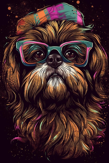 Une impression d’art numérique d’un chien avec des lunettes colorées.