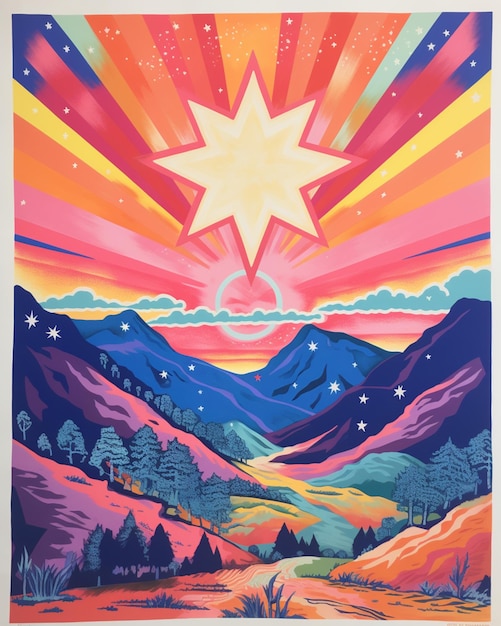impression artistique de couleurs vives d'une étoile se levant au-dessus d'une chaîne de montagnes