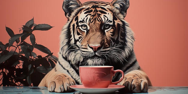 Impression au pochoir Tigre minimaliste buvant une tasse de thé