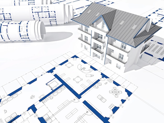 Impression bleue et espace de maison 3D