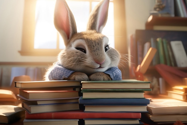 Impression de lapin mignon sur une montagne de livres