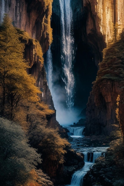 L'impression métallique numérique Un paysage mystique rempli de montagnes imposantes cascades d'eau