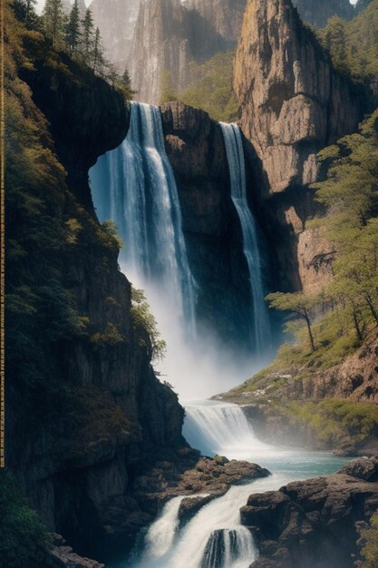 L'impression métallique numérique Un paysage mystique rempli de montagnes imposantes cascades d'eau