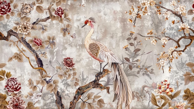Impression de paon sur une branche d'arbre en fleurs concept de décoration intérieure de style chinoiserie orné id