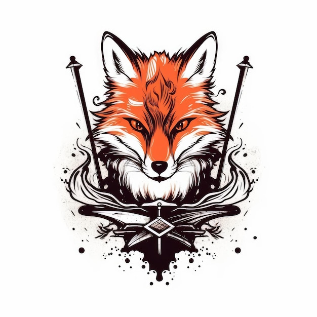 Photo impressionnant logo de tatouage sur le thème du renard avec des épées