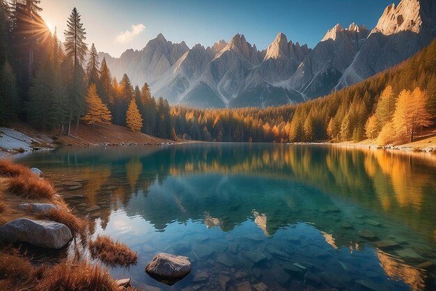 Impressionnant paysage d'automne au coucher du soleil Le lac Fusine en face du Mongart sous la lumière du soleil Une journée ensoleillée étonnante sur le lac de montagne Concept d'un lieu de repos idéal Image créative