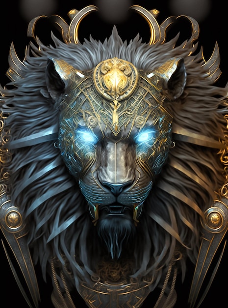 Impressionnant portrait de lion noir brillant en armure généré par l'IA