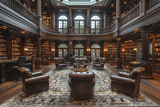 Une impressionnante bibliothèque d'un cabinet d'avocats remplie d'esprits juridiques au travail des étagères majestueuses et concentrées