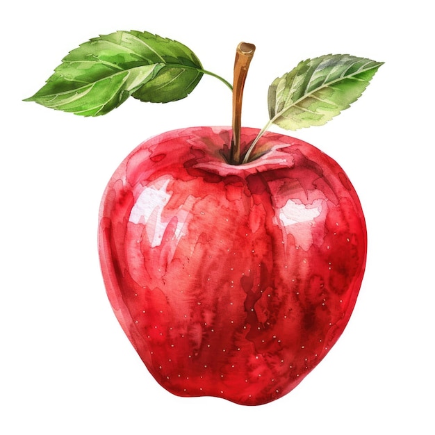 Une impressionnante illustration à l'aquarelle d'une pomme mûre avec une feuille verte vibrante
