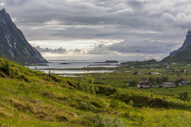 Impressionnante vue estivale du fjord en Norvège. Scène matinale colorée en Norvège
