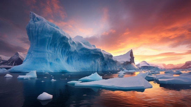 Impressionnisme sculpté Un magnifique coucher de soleil sur un iceberg