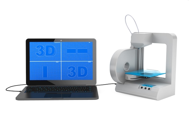 Imprimante 3D connectée à un ordinateur portable sur fond blanc