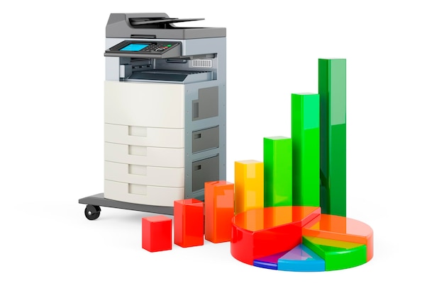 Photo imprimante multifonction de bureau mfp avec graphique à barres de croissance et graphique à pie rendu 3d