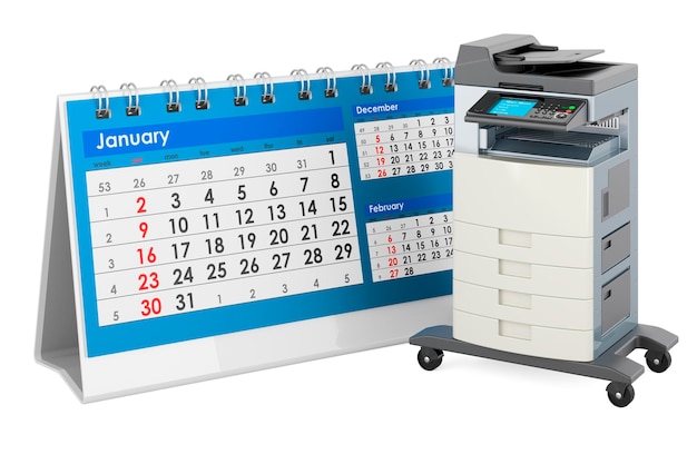 Photo imprimante multifonction de bureau mfp avec rendu 3d du calendrier de bureau