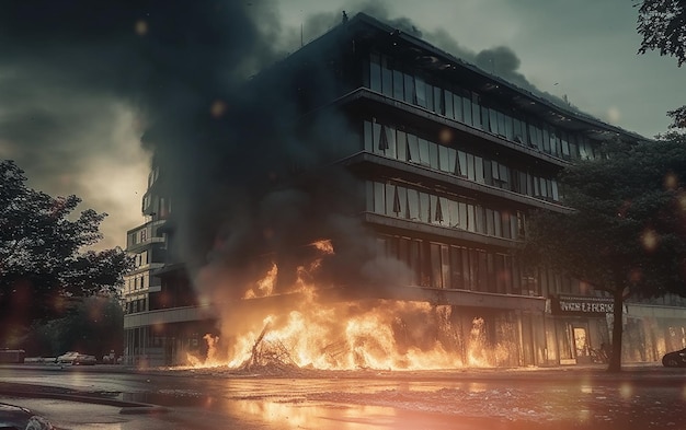 Incendie apocalypse et explosion avec bâtiment dans la ville pour danger d'attaque militaire et destruction